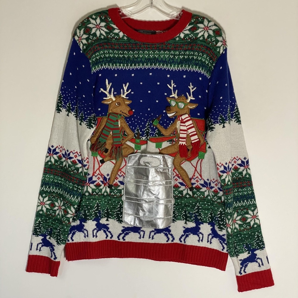 33 Degrees Sweater Mens Large Green Ugly Christmas Reindeer Keg Beer Koozie L